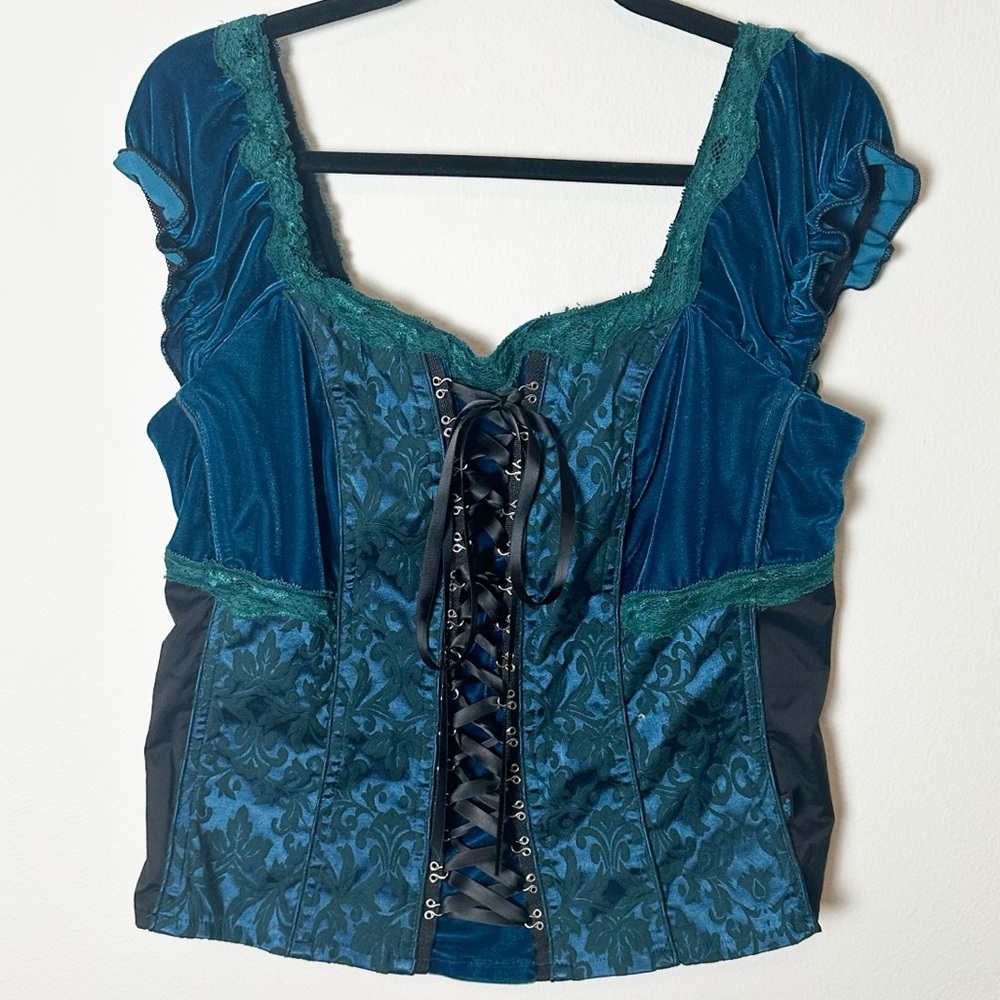 Tripp NYC Corset Top Brocade Green Teal Blue Velvet Lace Up 0